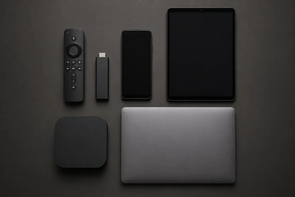 Dispositivos compatibles con IPTV en España: mando Firestick, stick HDMI, smartphone, tablet, Android TV Box y portátil sobre fondo oscuro