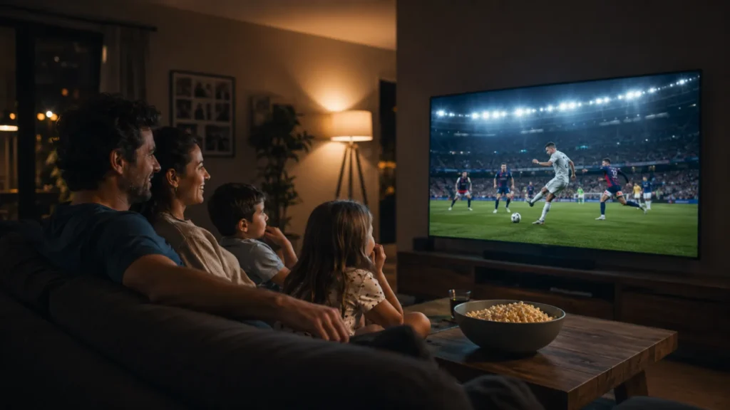 Familia en el sofá viendo un partido de fútbol en televisión de pantalla grande con suscripción IPTV en España