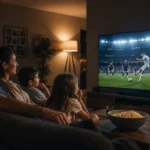 Familia en el sofá viendo un partido de fútbol en televisión de pantalla grande con suscripción IPTV en España