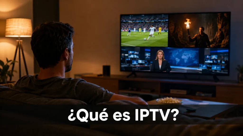 Hombre en el sofá viendo una pantalla dividida con fútbol, una película y noticias en directo a través de IPTV en España