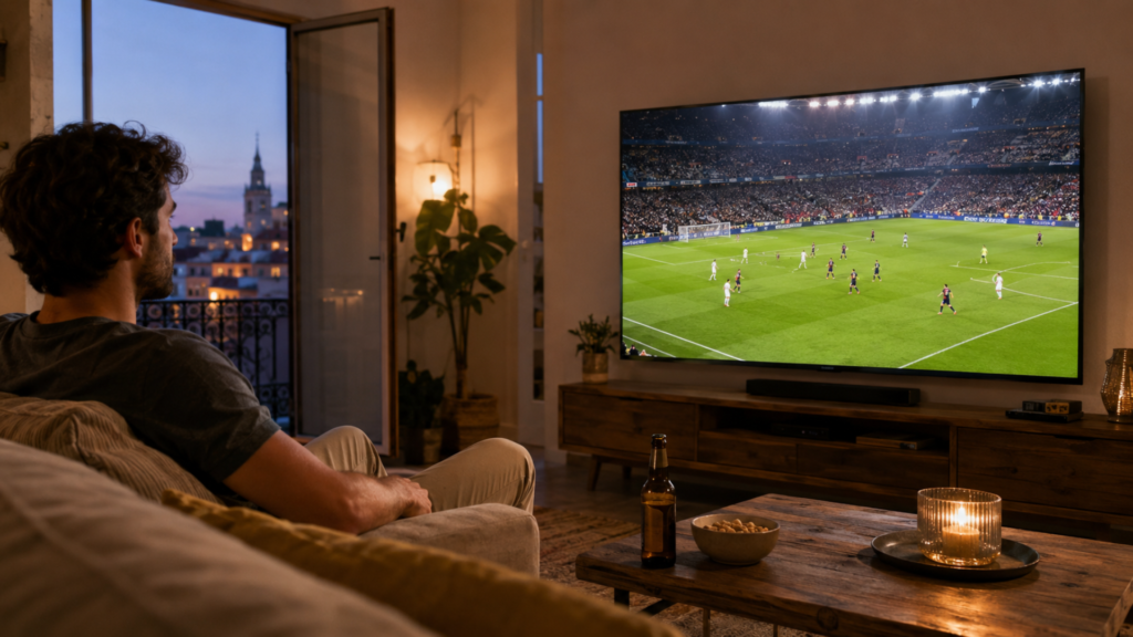 Hombre viendo fútbol IPTV en España desde el salón de su casa en un televisor 4K