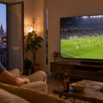Hombre viendo fútbol IPTV en España desde el salón de su casa en un televisor 4K